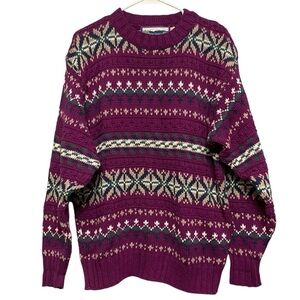 VTG Shenandoah Purple Chunky Knit Fair Isle Cozy Cotton Sweater Size Medium